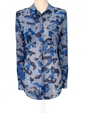 Vince Camuto Blue & Gray Camouflage Print Button-Up Blouse